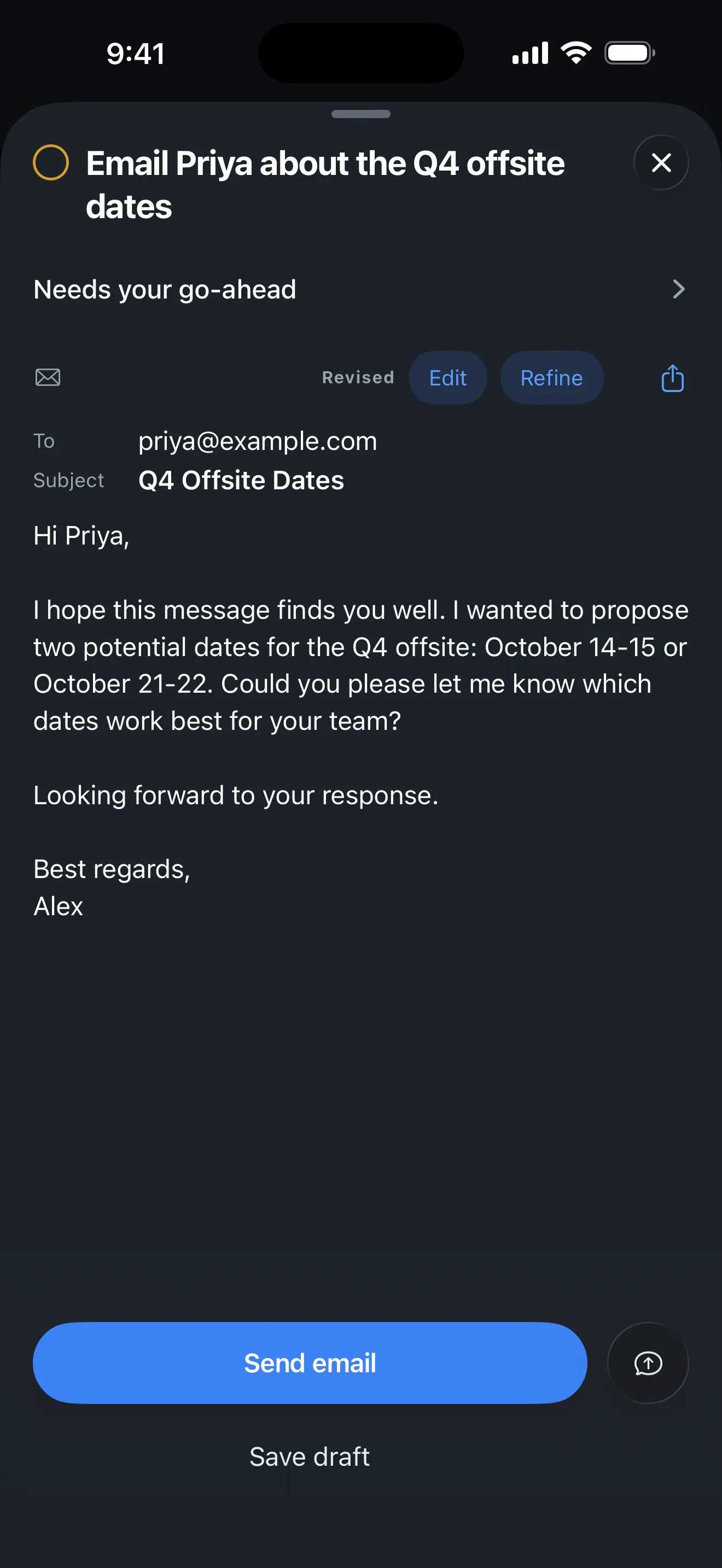 The AI sheet showing an email the agent drafted, ready to send or edit.