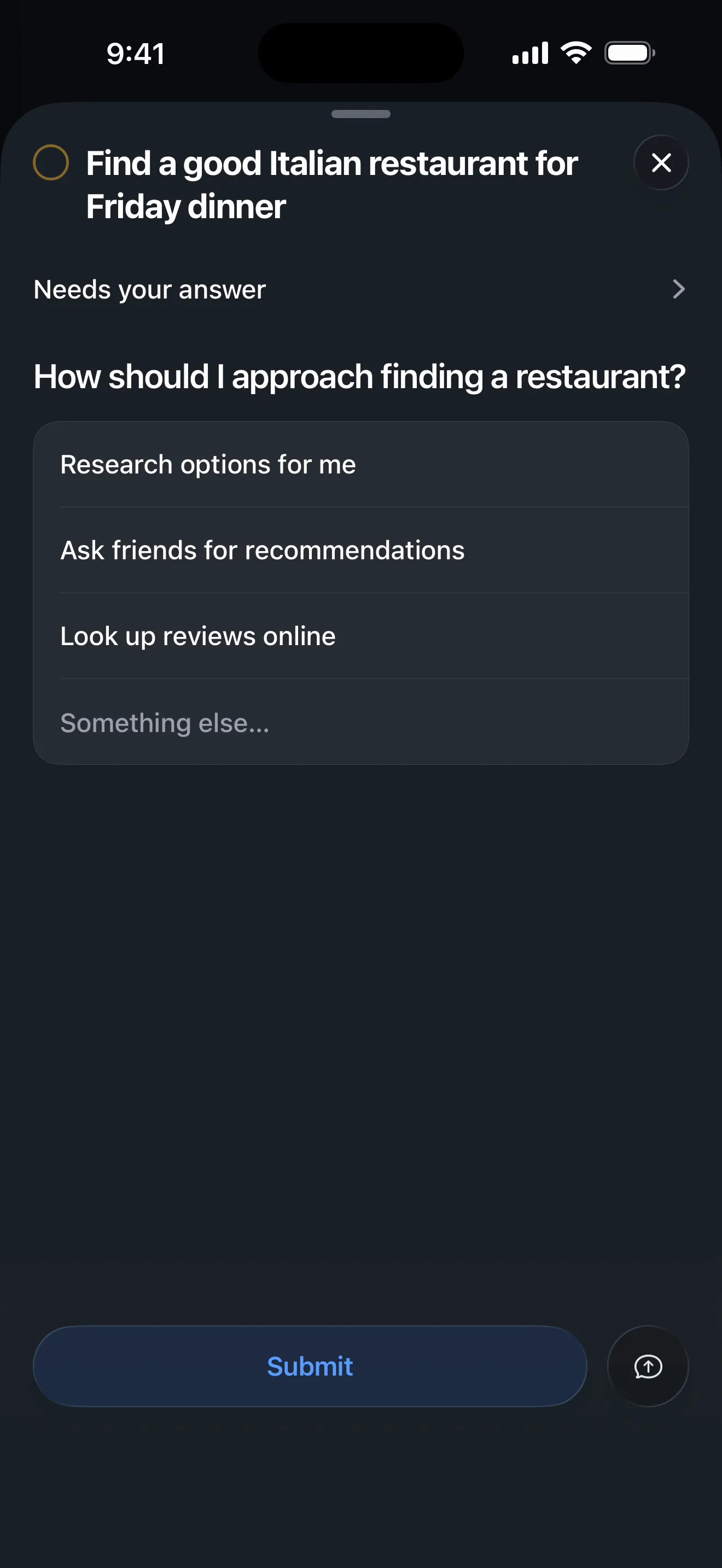 The AI sheet asking one question with a few choices to pick from before it continues.