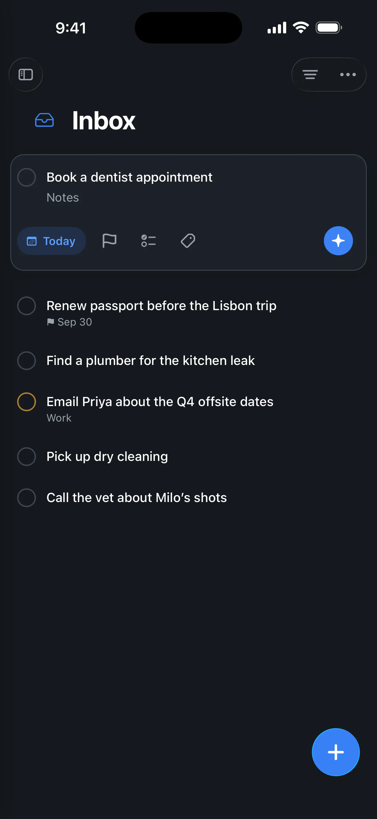 A task expanded into its card: title, notes, and a row of chips for the date, deadline and tags.