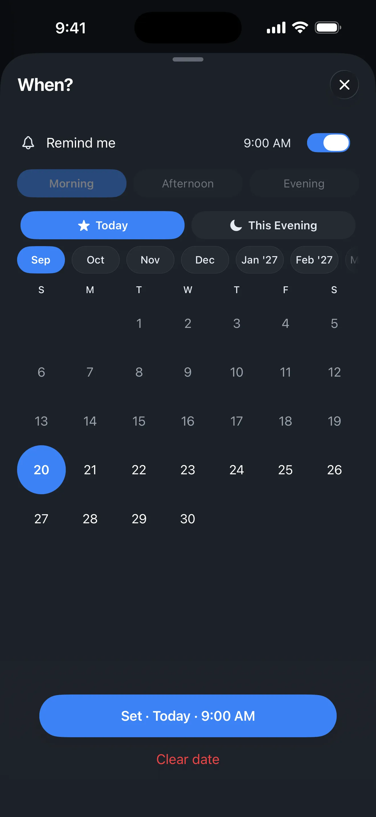 The When sheet: a month calendar with Today and This Evening chips and a reminder switched on.